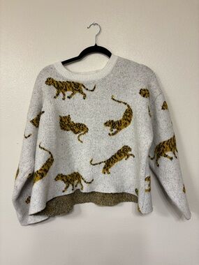 Tiger Print Crewneck Sweater - White & Mustard